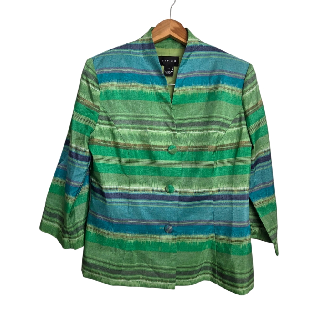 Virgo Women's Vibrant Green and Blue Striped Blazer Women's Size 10 Vintage
